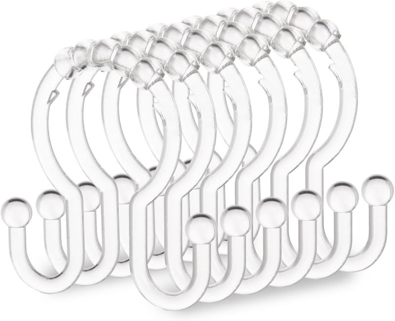 Resze Shower Curtain Hooks, 12 Pcs Clear Shower Curtain Rings, Plastic Glide Roller Shower Hooks, Rust Proof Anti-Drop Shower Rings, Smooth Sliding Double Hooks for Bathroom Shower Rods Curtains - Image 1